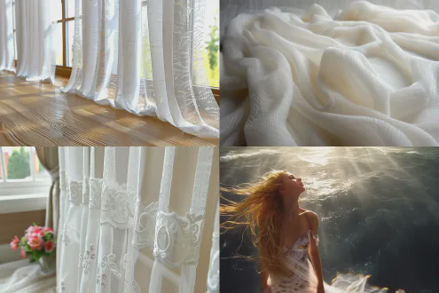 飘逸轻纱窗帘特写，高清摄影，阳光透过落地窗，时装模特印花，微风拂动，动态模糊，斑驳光影，梦幻朦胧，浅色调，柔焦效果，逆光拍摄，微距镜头，丝绸质感，舞蹈感，优雅梦幻，高分辨率，自然光，柔和阴影，唯美艺术