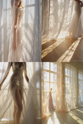 窗帘特写镜头，高清摄影。阳光透过落地窗，照在飘逸的轻纱窗帘上，窗帘上印着许多时装模特，微风吹拂，若隐若现的一张张时装模特图案好像真人在舞蹈，呈现出美轮美奂的斑驳光影效果，梦幻朦胧