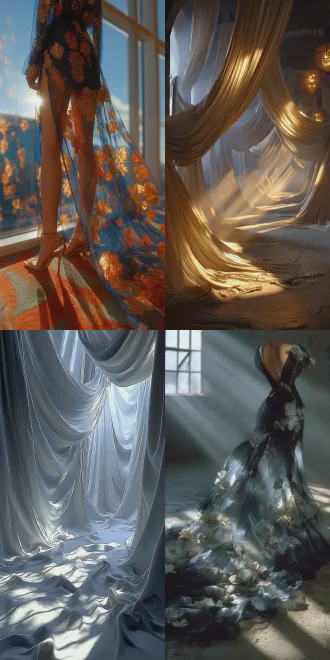 窗帘特写镜头，高清摄影。阳光透过落地窗，照在飘逸的轻纱窗帘上，窗帘上印着许多时装模特，微风吹拂，若隐若现的一张张时装模特图案好像人影在舞蹈，窗帘和地板呈现出美轮美奂的斑驳光影效果，梦幻朦胧