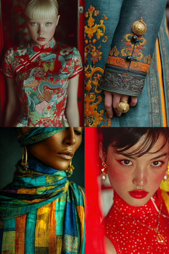 珐琅瓷瓶镶金银掐丝时装，时尚与传统融合，色彩鲜艳，精细纹理，对称构图，复古与现代碰撞，高饱和度，珠宝色调，特写镜头，环形补光，强对比度，光滑釉面，奢华背景，装饰艺术风格，光线柔和，细节突出，金色反光，华丽氛围