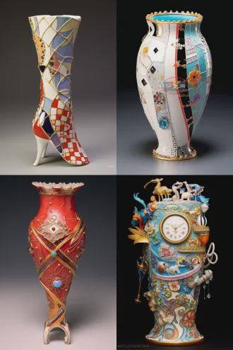 一个珐琅瓷瓶，金银掐丝镶嵌着许多时装，风格独特，色彩鲜艳，时尚与传统融合