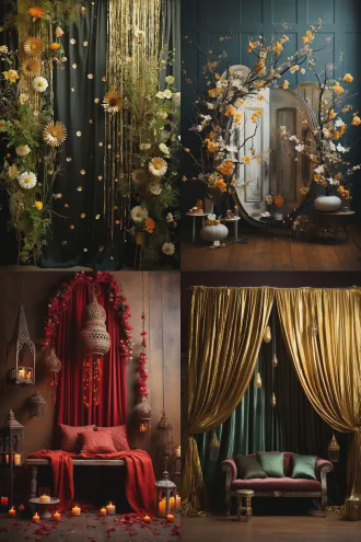 精美的油漆屏风，古色古香，时装图案，东方美学，对称构图，细腻纹理，柔和光线，金色装饰，优雅氛围，复古色调，丝绸质感，低角度拍摄，微距细节，典雅庄重，暖色滤镜，慢快门速度，静物摄影，艺术感，诗意。