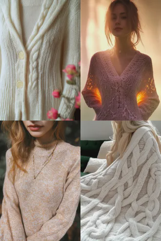 毛衣上精致的编织图案特写，极简主义背景，高分辨率微距摄影，柔和自然光，细腻纹理，雅致中性色调，手工质感，立体感强烈，慢快门，平面设计风格，温暖舒适氛围。