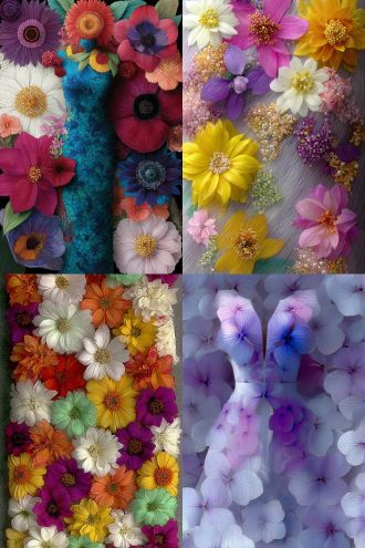 "花草时装图案，马赛克风格，俯视视角，鲜艳色彩，高饱和度，几何排列，密集花卉，对称设计，广角镜头，自然光，平面构图，创意时尚，视觉冲击，清晰细节，抽象艺术，空中摄影，拼贴效果，动态平衡，多样化纹理，生机勃勃"