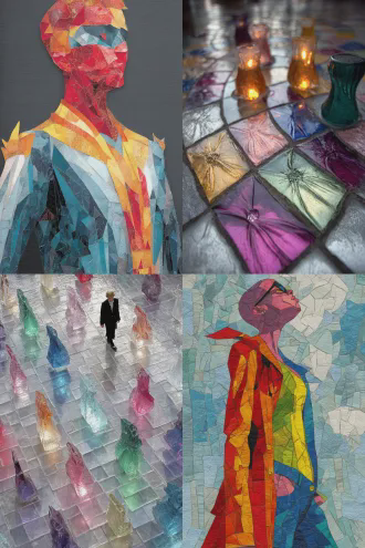 彩色玻璃拼接时装模特图案，地面仰视视角，几何抽象风格，高饱和度色彩，透明玻璃质感，光线折射，现代艺术感，对称构图，俯拍广角镜头，自然散射光，动态光影效果，时尚剪影，无面部细节，鲜明轮廓，立体层次感，玻璃反光，冷色调背景，对比强烈，未来主义