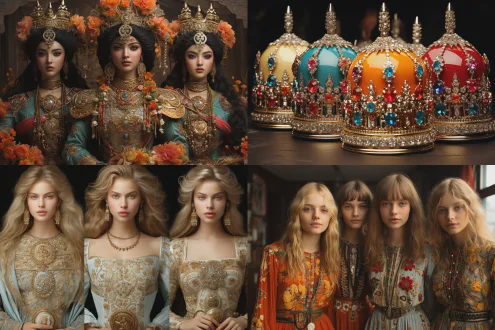 电商广告的头冠实物微距高清特写拍摄，头冠底座是镶嵌彩色宝石的黄金地毯，上面装饰五位白银雕刻的时装模特全身造型，中间的模特站立，两边的四位模特坐着，奢华的珠光宝气，典雅精美，新颖别致