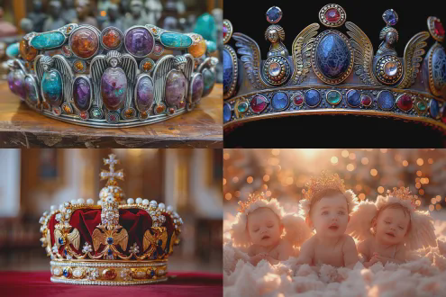 电商广告的头冠实物微距高清特写拍摄，头冠底座是镶嵌彩色宝石的黄金，上面装饰五位白银雕刻的天使全身造型，中间的天使站立，两边的四位天使坐着，奢华优雅，珠光宝气，典雅精美，新颖别致