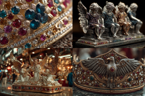 电商广告的头冠实物微距高清特写拍摄，头冠底座是镶嵌彩色宝石的黄金，上面装饰五位白银雕刻的天使全身造型，中间的天使站立，两边的四位天使坐着，奢华优雅，珠光宝气，典雅精美，新颖别致