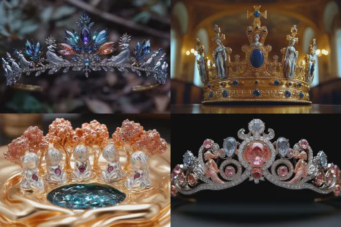 电商广告的头冠实物微距高清特写拍摄，头冠底座是镶嵌彩色宝石的黄金，上面装饰五位白银雕刻的公主全身造型，中间的公主站立，两边的四位公主坐着，奢华优雅，珠光宝气，典雅精美，新颖别致