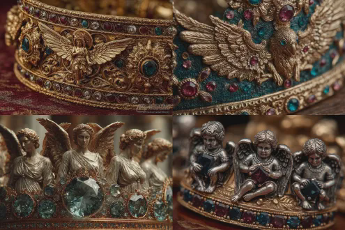电商广告头冠特写，黄金底座镶嵌彩色宝石，五位白银天使雕刻，中间天使站立，两侧天使坐姿，奢华优雅，微距高清，珠光宝气，典雅精美，新颖别致，黄金与白银对比，宝石闪耀，柔光照明，细节丰富，金属质感，对称构图，暖色调，高贵感，精致工艺，商业摄影风格