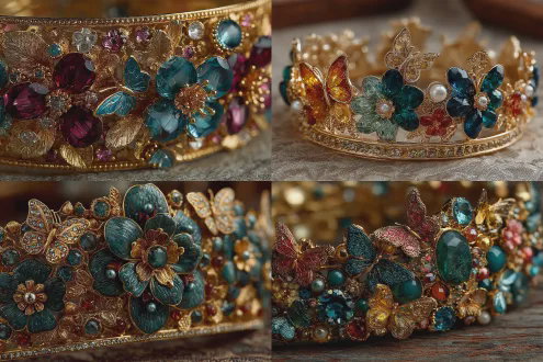 电商广告桂冠特写，黄金底座镶嵌彩色宝石珠花，飞舞造型各异的蝴蝶，奢华优雅，微距镜头，浅景深，柔光，高细节，珠宝质感，暖色调，明亮闪耀，精致背景虚化，金属光泽，蝴蝶动态，新颖设计，典雅精美