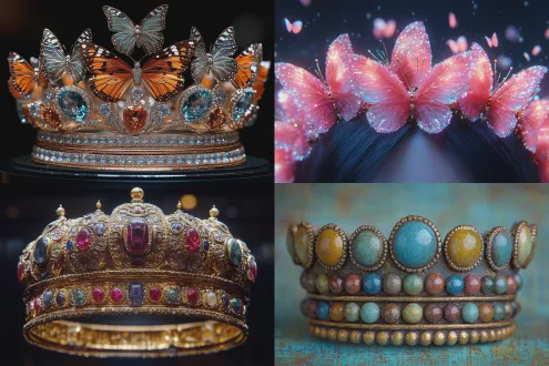电商广告的桂冠实物微距高清特写拍摄，头冠底座是镶嵌彩色宝石珠花的黄金，上面翩翩飞舞着造型各异的蝴蝶，奢华优雅，珠光宝气，典雅精美，新颖别致