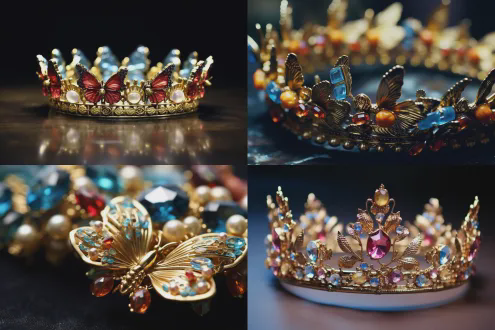 电商广告的桂冠实物微距高清特写拍摄，头冠底座是镶嵌彩色宝石珠花的黄金，上面翩翩飞舞着造型各异的蝴蝶，奢华优雅，珠光宝气，典雅精美，新颖别致 黄金头冠，彩色宝石珠花镶嵌，飞舞蝴蝶，微距摄影，高清细节，奢华优雅，珠光宝气，典雅精美，新颖别致，高对比度，暖色调，柔光照明，特写镜头，金属质感，宝石光泽，蝴蝶翅膀透明感，静态拍摄，精致构图，中心对称，华丽背景，丝绒底座，高贵氛围