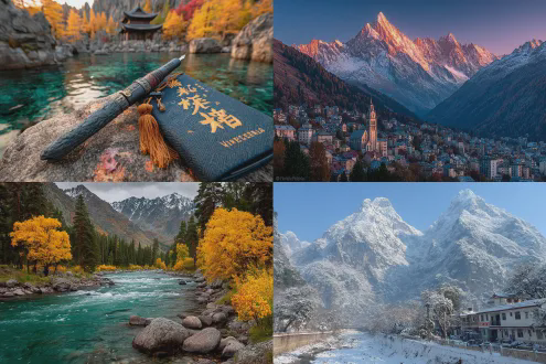 以刀作笔石为墨，山河岁月静。 远山高楼日落，重头入破丹青。 风满袖，千丈雪，万年冰。 春华秋叶，诗林酒海，歌舞升平。