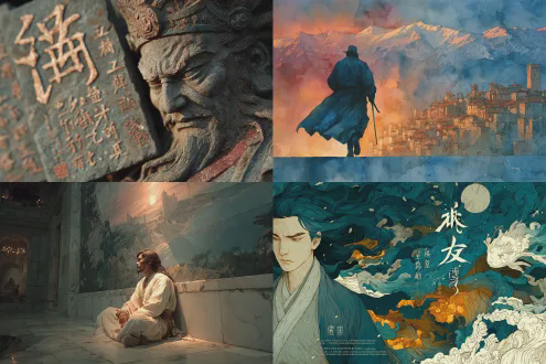 "刀刻石碑，山河壮阔，远山高楼日落，重彩丹青风，长发飘逸侠客，长袍翻飞，深邃眼神，古风水墨意境，暖金与深蓝交织，广角镜头，低角度拍摄，侧逆光，岩石纹理清晰，动态笔触，风雪飞舞，诗酒歌舞升平，豪迈与宁静并存。"