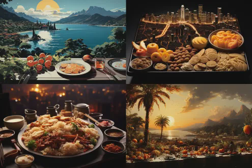 美食拼盘风景画，俯视构图，精致食材排列，远山高楼日落，刀工细腻，暖色调，高对比度，微距镜头，柔光，静态摆盘，艺术感，丰富层次，食材色彩鲜艳，宁静氛围，诗意盎然，丹青风格，视觉冲击，细节清晰，光影交错，典雅奢华