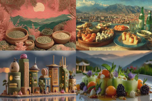 "美食拼盘设计，全景构图，远山高楼日落背景，精致食材拼贴风景画，暖色调与冷色调对比，俯视镜头，微距细节，柔光照明，静态摆盘，创意艺术风格，食材纹理丰富，色彩鲜艳，宁静氛围，山河岁月主题，诗意美食，视觉冲击力，高雅享受，文化韵味"