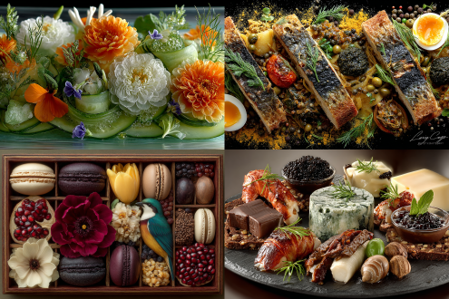 美食拼盘设计，用食材拼成风景画，俯视视角，精致摆盘，色彩丰富，新鲜食材，立体层次，自然光，柔和阴影，细节清晰，高分辨率，艺术构图，季节元素，创意美食，视觉冲击，温暖色调，生动表现，优雅风格，和谐搭配，诱人光泽