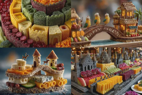 美食拼盘城堡，俯视构图，精致食材雕刻，鲜艳色彩对比，童话风格，细节丰富，奶酪塔楼，蔬果桥梁，香肠士兵，糖霜装饰，高饱和度，微距镜头，柔和散射光，立体层次感，欢乐氛围，创意摆盘，童话梦幻感，食欲诱惑
