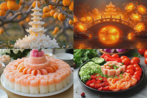 美食拼盘设计，中西结合城堡，精致食材雕刻，层次分明构图，中央高塔，糖霜桥梁，火腿砖墙，果蔬装饰，暖色调背景，柔光拍摄，俯视角度，微距镜头，高饱和度，欢乐氛围，创意摆盘，细腻纹理，诱人光泽，童话风格，生动细节