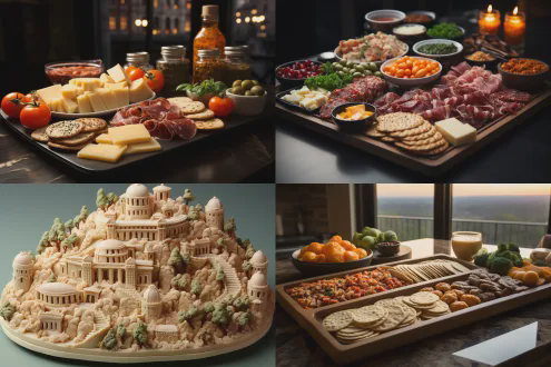 美食拼盘城堡，中西食材融合，立体构图，精致摆盘，暖色灯光，俯视角度，微距镜头，高饱和度色彩，黄油雕刻塔楼，意大利面桥梁，草莓点缀旗帜，芝麻装饰路径，烟雾缭绕氛围，童话质感，欢乐庆典情绪