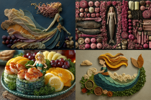 美食拼盘设计，用食材拼美人鱼的童话故事，荤素搭配，冷餐暖盆结合，广告宣传效果