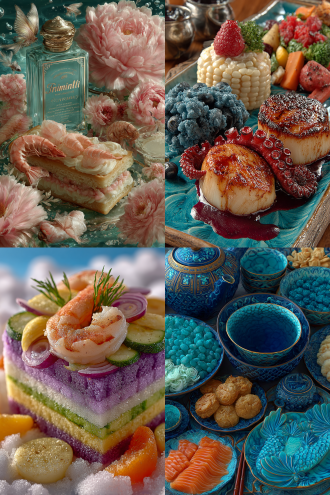 美食拼盘美人鱼童话，俯视构图，精致摆盘，鲜艳色彩对比，海鲜与蔬菜组合，冷盘与热菜层次分明，广告级摄影，高分辨率，柔光照明，50mm定焦镜头，细节清晰，立体感，童话氛围，诱人食欲，创意食材艺术。