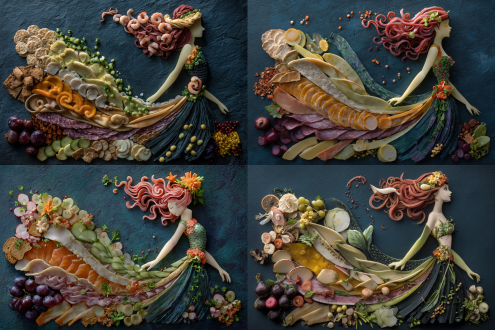 美食拼盘设计，用食材拼美人鱼的童话故事，荤素搭配，冷餐暖盆结合，广告宣传效果