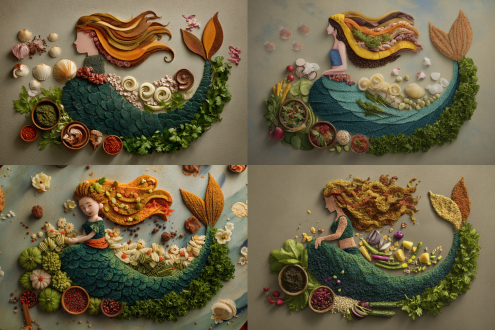 美食拼盘设计，用食材拼美人鱼的童话故事，荤素搭配，冷餐暖盆结合，广告宣传效果