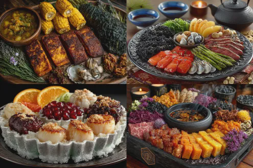 美食拼盘设计，用海鲜食材拼美人鱼的童话故事，荤素搭配，冷餐暖盆结合，有珍珠海带紫菜和贝壳，人鱼尾巴使用有鳞片的鱼尾，一侧银白色，另一侧烤成金黄色，有汤底，人鱼被紫菜缠绕着，珊瑚礁底座，贝壳托盘，广告宣传效果