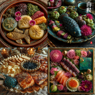 美食拼盘美人鱼童话，对角线构图，海鲜食材，荤素搭配，冷餐暖盆，珍珠海带紫菜贝壳装饰，银白与金黄鱼尾，紫菜缠绕人鱼，珊瑚礁底座，贝壳托盘，高饱和度，商业摄影，俯视角度，微距镜头，柔光，层次感，诱人光泽，童话氛围，广告级精修