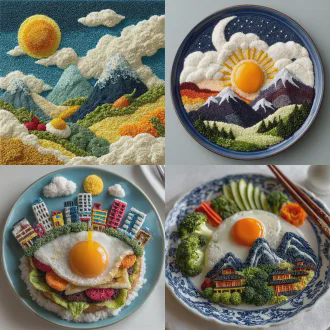 煎蛋为太阳，蘑菇为云，远景用白萝卜雕成冰山，糖霜为雪。中景用黑松露做山，胡萝卜莴笋西红柿芋头等不同颜色的雕刻成高楼，菜花芹菜葱等做花草树木，白葡萄酒为汤底，近景用牛肉和土豆泥为地面，面粉捏的一群黄黑白色人在唱歌跳舞，蓝色珐琅瓷盘摆上刀叉餐具。