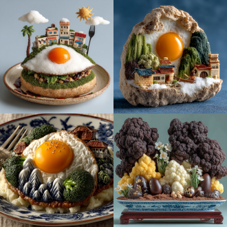 煎蛋太阳蘑菇云，白萝卜冰山糖霜雪，黑松露山五彩雕刻楼，菜花树芹菜葱，白葡萄酒湖，牛肉土豆泥地，面粉人歌舞，蓝珐琅瓷盘刀叉，微距摄影，柔和自然光，高饱和度，童话风格，欢乐氛围，精细雕刻，对称构图，暖色调，生动表情，丰富层次，艺术感。