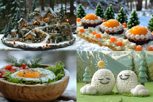 煎蛋为太阳蘑菇为云，白萝卜冰山远景，糖霜雪，黑松露山，彩色蔬菜高楼，菜花树木，白葡萄酒湖，牛肉土豆泥大地，面粉人歌舞，珐琅瓷盘餐具，对角线构图，微距镜头，柔光，高饱和度，童话风格，欢乐氛围，超现实，食物艺术，俯视角度，细节丰富。