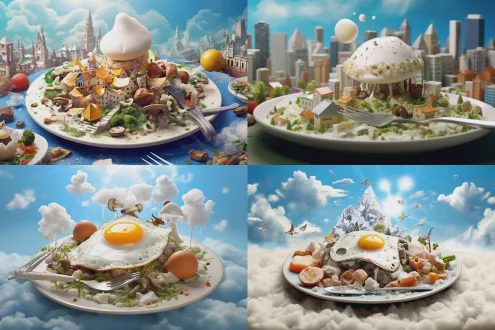 煎蛋太阳蘑菇云，白萝卜冰山糖霜雪，黑松露山脉，彩色蔬菜高楼，菜花芹菜绿植，白葡萄酒湖，牛肉土豆泥地面，面粉人歌舞，蓝色珐琅瓷盘刀叉，俯视构图，微距镜头，柔光，明亮色调，童话风格，欢乐氛围，高细节，3d渲染。