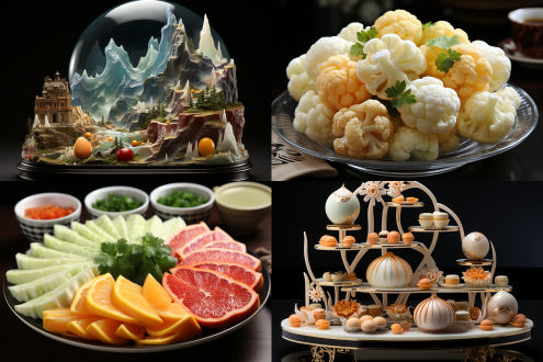 煎蛋为太阳，蘑菇为云，远景用白萝卜雕成冰山，糖霜为雪。中景用黑松露做山，冬瓜南瓜玉米胡萝卜莴笋西红柿芋头等不同颜色的雕刻成高楼，菜花芹菜葱生菜等做花草树木，白葡萄酒为汤底，近景用奶油牛肉为石头，土豆泥为地面，面粉捏的一群黄黑白色人在唱歌跳舞，蓝色珐琅瓷盘摆上刀叉餐具。