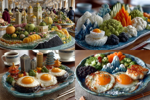 煎蛋为太阳，蘑菇为云，远景用白萝卜雕成冰山，糖霜为雪。中景用黑松露做山，冬瓜南瓜玉米胡萝卜莴笋西红柿芋头等不同颜色的雕刻成高楼，菜花芹菜葱生菜等做花草树木，白葡萄酒为汤底，近景用奶油牛肉为石头，土豆泥为地面，面粉捏的一群黄黑白色人在唱歌跳舞，蓝色珐琅瓷盘摆上刀叉餐具。