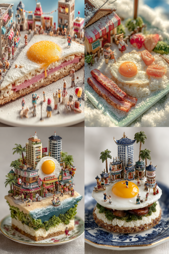 煎蛋太阳蘑菇云，白萝卜冰山糖霜雪，黑松露山，牛肉火腿肠高楼，五彩蔬菜雕刻，菜花树林，白葡萄酒海，奶油咖喱沙滩，土豆泥地面，面粉小人歌舞，珐琅瓷盘餐具，超现实主义，微距摄影，暖色调，柔焦效果，俯拍视角，高饱和度，自然光，欢乐氛围，细腻纹理