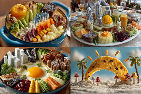 煎蛋为太阳，蘑菇为云，远景用白萝卜雕成冰山，糖霜为雪。中景用黑松露做山，牛肉火腿肠腊肠洋葱冬瓜南瓜玉米胡萝卜莴笋西红柿芋头雕刻成五颜六色的高楼，菜花芹菜葱生菜等做花草树木，啤酒为汤底，近景用奶油咖喱米饭为沙滩，土豆泥为地面，面粉捏的一群黄黑白色人在唱歌跳舞，所有食材都装在蓝色珐琅瓷大碗里，摆上刀叉餐具。俯拍，烛光晚餐。