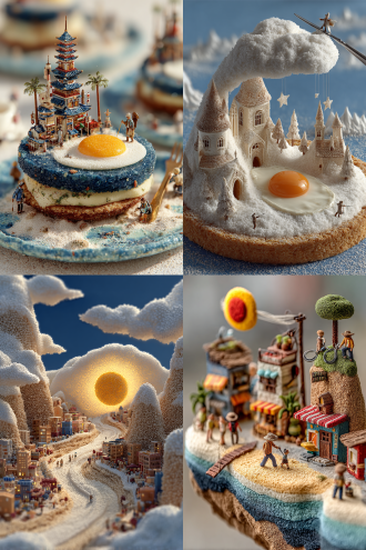 煎蛋太阳蘑菇云，白萝卜冰山糖霜雪，海苔松露山，果蔬雕刻高楼，菜花树木，啤酒汤底，奶油咖喱沙滩土豆泥地面，面粉人歌舞，蓝色珐琅瓷碗，刀叉餐具，俯拍，烛光晚餐，微距镜头，高饱和度，柔焦，暖光，欢乐氛围，童话风格，细节丰富，食材艺术，美食摄影，摆盘精致。