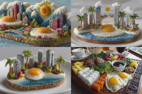 煎蛋为太阳蘑菇为云，白萝卜冰山糖霜雪，菠萝淮山高楼五彩雕刻，菜花芹菜葱生菜花草树木，啤酒汤底，奶油咖喱米饭沙滩土豆泥地面，面粉人歌舞，透明玻璃盘装食材，摆刀叉餐具，平拍，烛光晚餐，桌面灯光透玻璃，高楼微光，暖色调，广角镜头，柔光，精致摆盘，欢乐氛围，食材艺术。