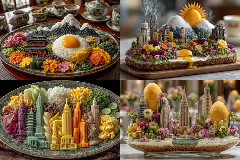 煎蛋为太阳蘑菇为云竖立在盘壁，远景用白萝卜雕成冰山，糖霜为雪。中景用菠萝淮山牛肉火腿肠腊肠洋葱冬瓜南瓜玉米胡萝卜莴笋西红柿芋头镂雕刻成五颜六色的城市高楼建筑群，菜花芹菜葱生菜等做花草树木，啤酒为汤底，近景用奶油咖喱炒饭为沙滩，土豆泥为地面，面粉捏的一群黄黑白色人在唱歌跳舞，所有食材都装在透明的玻璃大盘里，摆上刀叉餐具。平拍，烛光晚餐，发光的桌面有灯光透过玻璃盘，高楼透出微光。