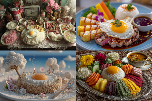 煎蛋太阳蘑菇云盘壁竖立，白萝卜冰山远景糖霜雪，菠萝淮山牛肉火腿肠高楼中景，菜花芹菜葱生菜花草树木，啤酒汤底，奶油咖喱炒饭沙滩近景土豆泥地面，面粉人唱歌跳舞，透明玻璃盘装食材摆刀叉，平拍烛光晚餐，发光桌面灯光透过玻璃盘高楼微光，暖色调，微距镜头，柔光，精致美食摄影，欢乐氛围