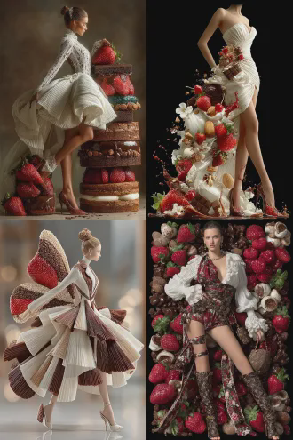 美食时装模特，立体拼贴艺术，逼真食物纹理，精致摆盘，对称构图，暗色背景，聚光灯，微距镜头，高细节，丝绸质感酱料，草莓裙摆，巧克力高跟鞋，奶油褶皱，坚果装饰，冷色调与暖色对比，优雅时尚，创意视觉，突出立体感，光泽反射，奢华氛围。
