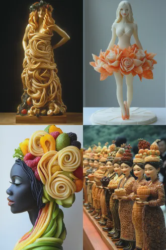 美食拼成时装模特，立体构图，精致摆盘，高饱和度色彩，t台背景，聚光灯，明亮光线，意大利面裙摆，水果装饰头饰，甜点高跟鞋，微笑表情，优雅姿态，近距离特写，锐利细节，时尚杂志风格，创意食物艺术。