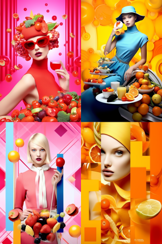 美食拼贴时装模特，高饱和度，立体构图，精致摆盘，食材纹理丰富，中央布局，明亮背景，工作室灯光，微距镜头，细节清晰，动态姿势，奢华感，创意时尚，鲜艳色彩，愉悦情绪，几何排列，柔和阴影，高对比度，前卫风格，层次分明，视觉冲击。