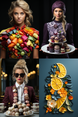 美食拼成的时装模特，立体拼接，生动创意，高饱和度色彩，对称构图，摄影棚灯光，柔光箱，微距镜头，细节清晰，逼真质感，糖霜蕾丝，水果宝石，巧克力裙摆，蔬菜装饰，欢快，时尚前卫，视觉冲击，明亮色调，快乐情绪。