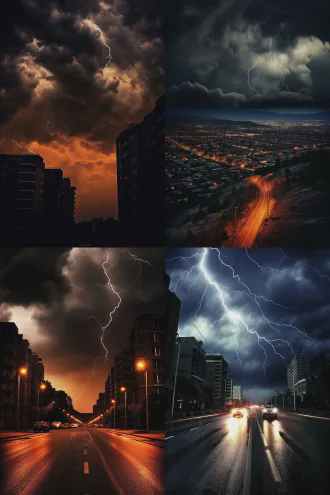 长天黑风云雷动夜慢慢，冷色调，暗黑风格，暴风雨前夕，城市剪影，乌云密布，闪电划破长空，广角镜头，高对比度，冷峻氛围，孤独感，深沉情绪，俯视视角，动态模糊，雨滴飞溅，寂静中蕴藏力量，压抑与期待并存，金属质感，未来主义，超现实光影