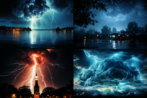 长天黑，风云雷动夜慢慢，黑暗天空下闪电划破乌云，冷色调，城市剪影，广角镜头，高对比度，侧光，孤寂感，冷峻氛围，静态构图，深沉情绪，微光反射，雨滴飞溅，模糊远景，压抑色调，沉思人物，暗色风衣，凝望远方，低饱和度，动态云层，城市灯光朦胧，凄凉美。