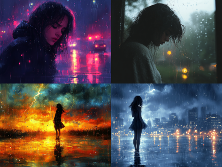 长天黑暗风云雷动，城市夜景，冷色调，高楼剪影，闪电划破天空，孤独人物站在窗前，忧郁表情，风衣飘动，室内暖光与室外冷光对比，广角镜头，长曝光，动态模糊，雨滴效果，深沉氛围，压抑情绪，蓝黑色调，微弱街灯，玻璃反光，寂静与风暴共存。